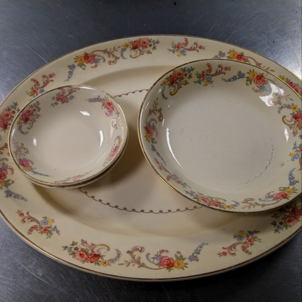 Vintage floral gilded Serving Set. Paden City Pottery. Made in USA